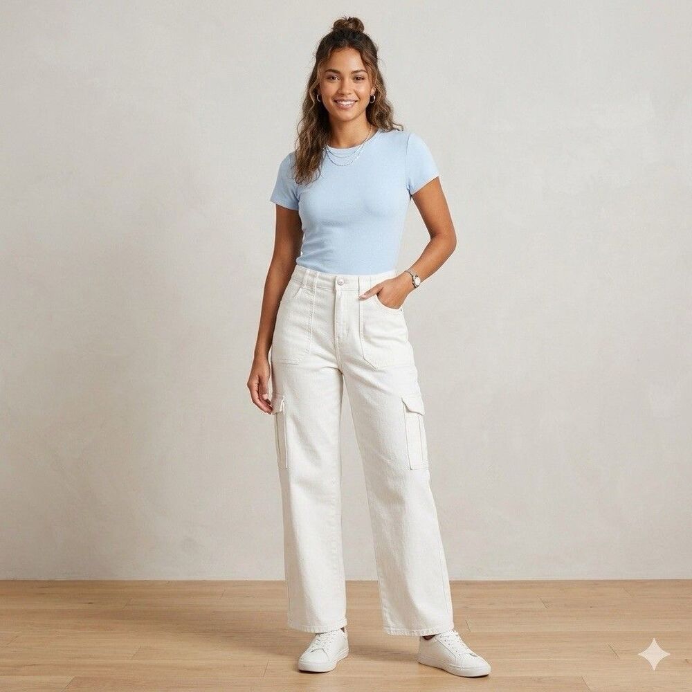 d.jeans White Cargo Pants Size 8 – High Rise Wide Leg Utility Denim Eco-Friendly